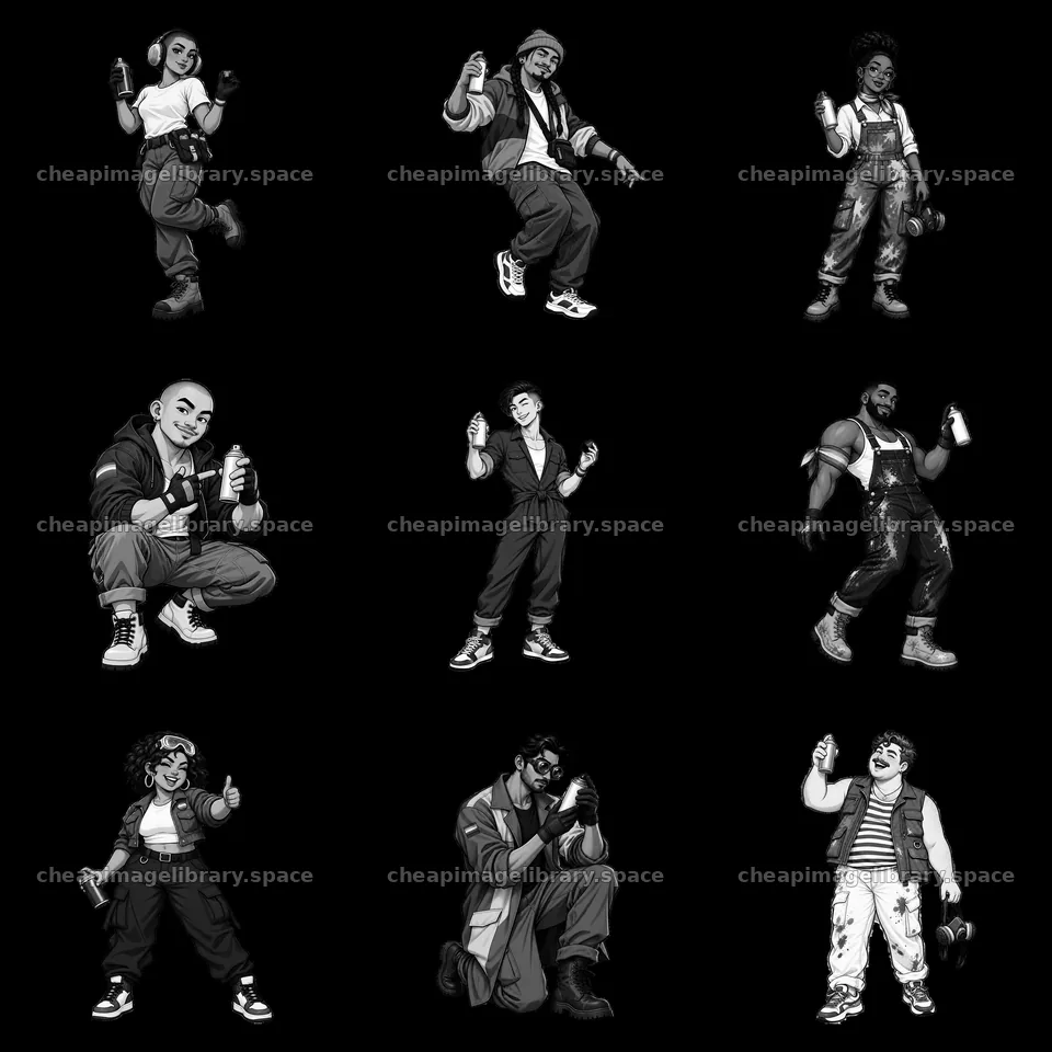 Gay graffiti spray painters in monochrome cartoon sticker art – image library 7746x7746