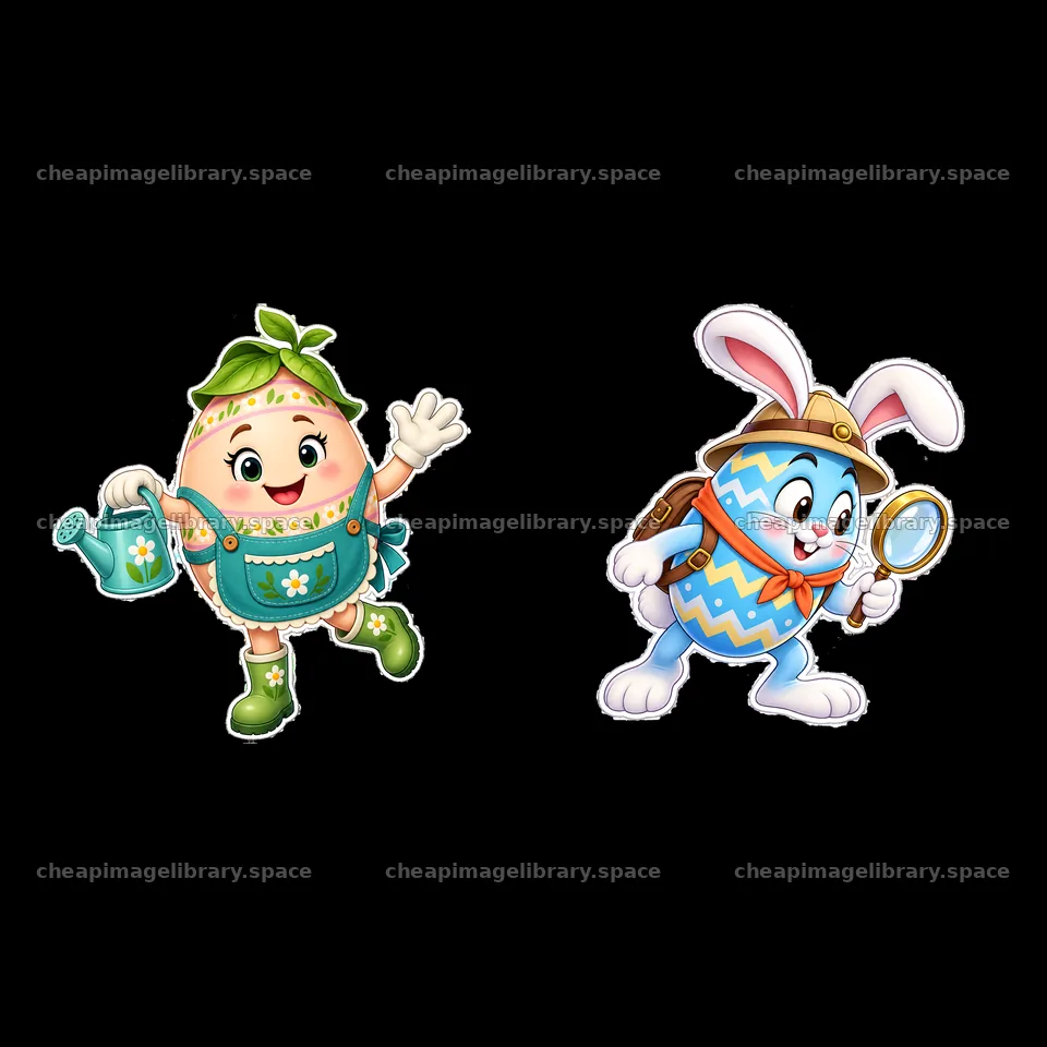 Easter egg characters holding gardening tools and a magnifying glass – image library 7746x7746