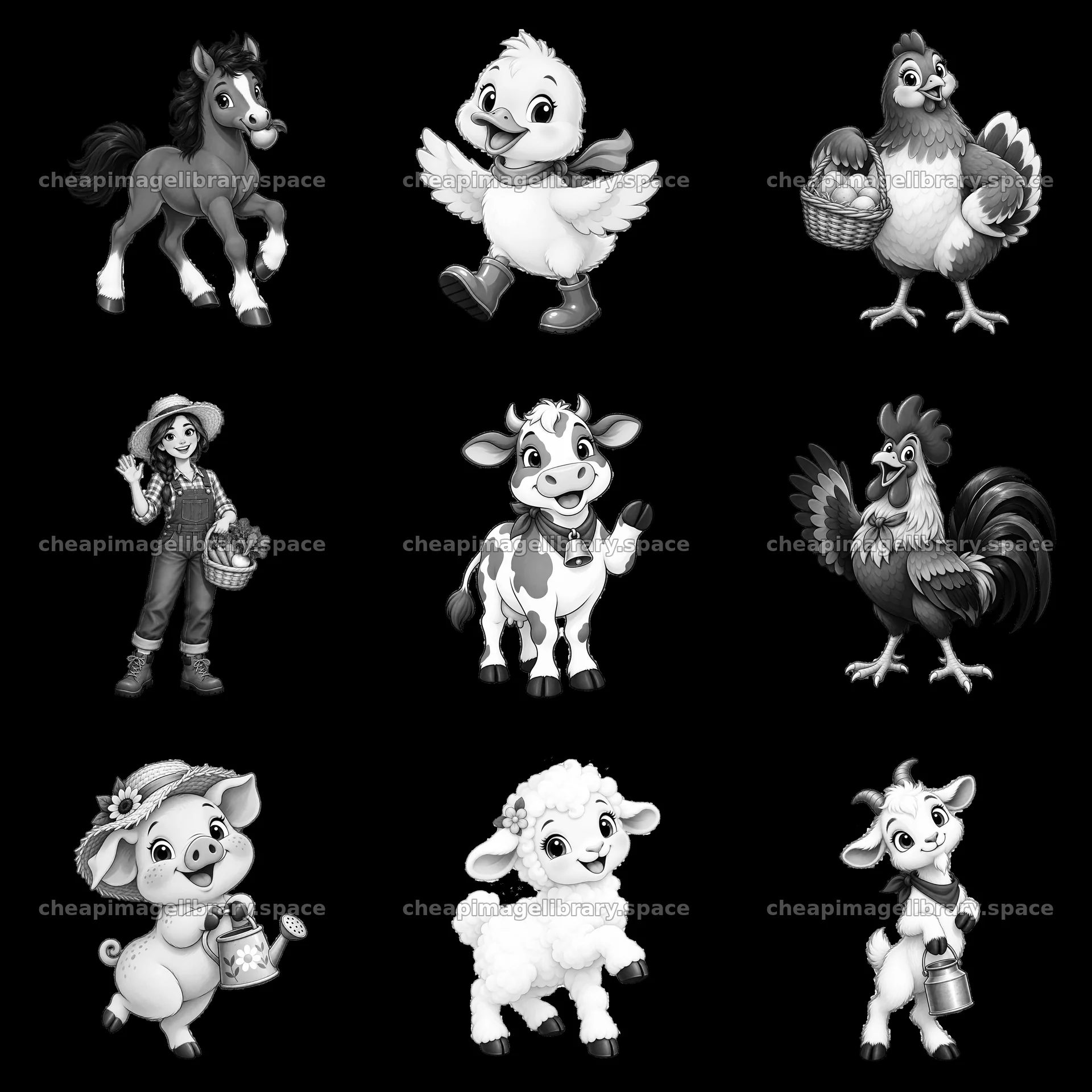 Farm animals and a farmer in a black-and-white cartoon grid – image library 7746x7746