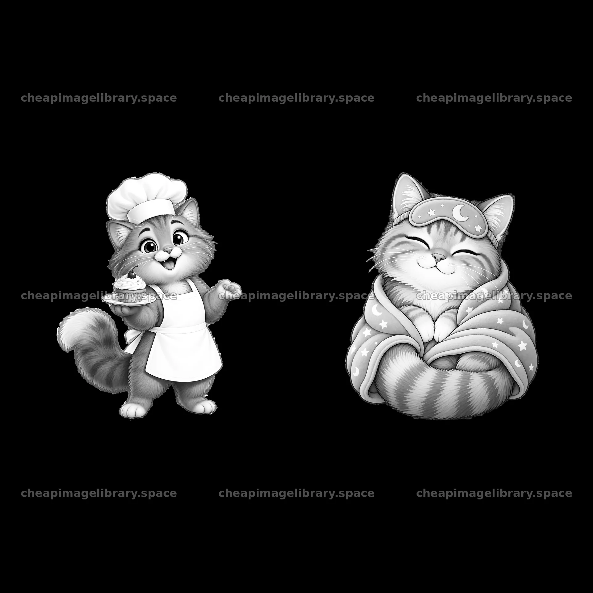 Chef cat holding cupcake and sleepy cat with stars – image library 7746x7746