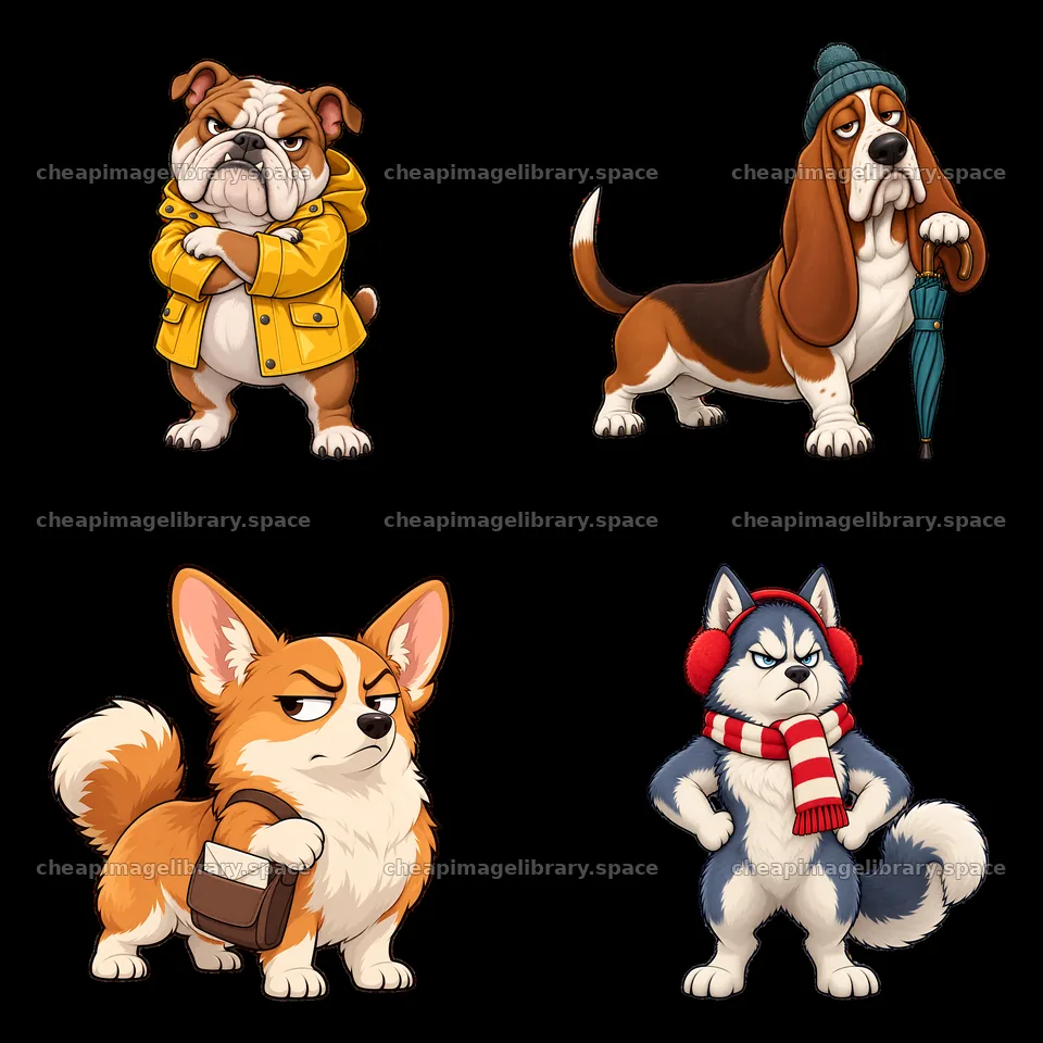 Grumpy dogs with distinctive expressions in a 2x2 layout – image library 7746x7746