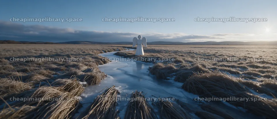 Winter angel standing in a meadow next to a frozen stream – image library 12094x5210