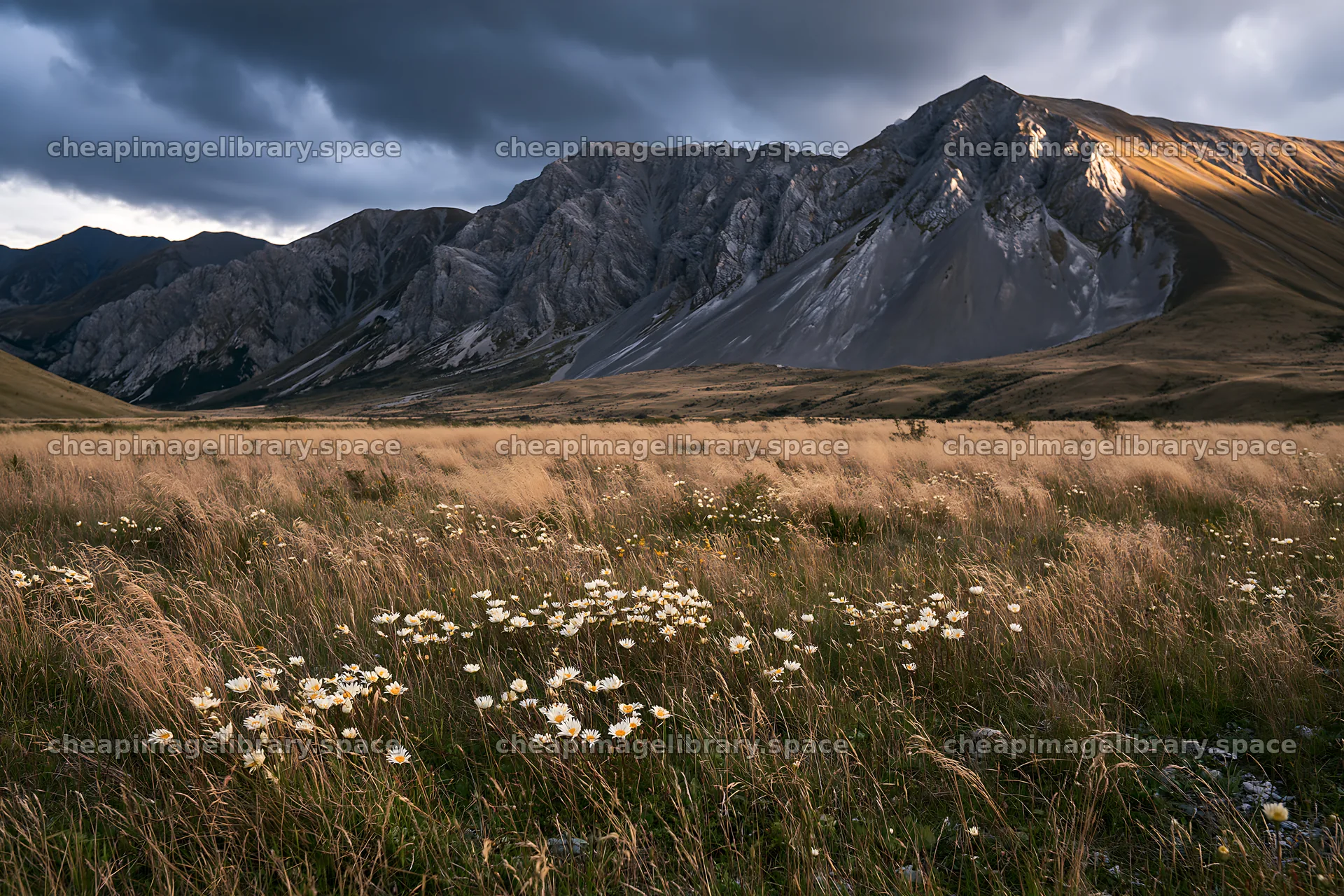 Meadow under crags with flowers and mountains in cloudy sky – image library 9722x6480