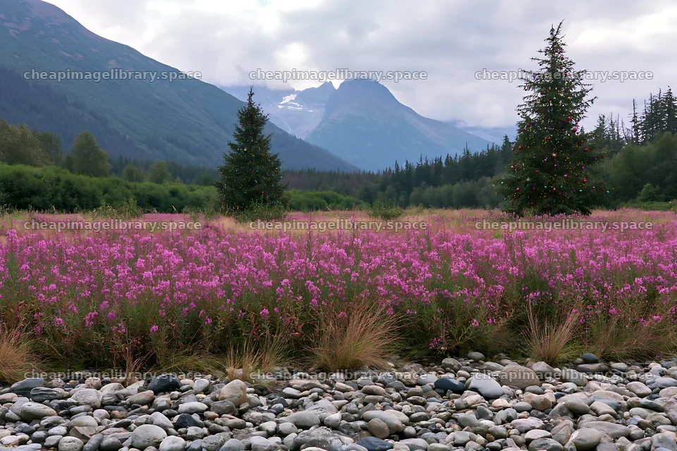 Wide Christmas meadow with native flowers and fairy lights – image library 9722x6480