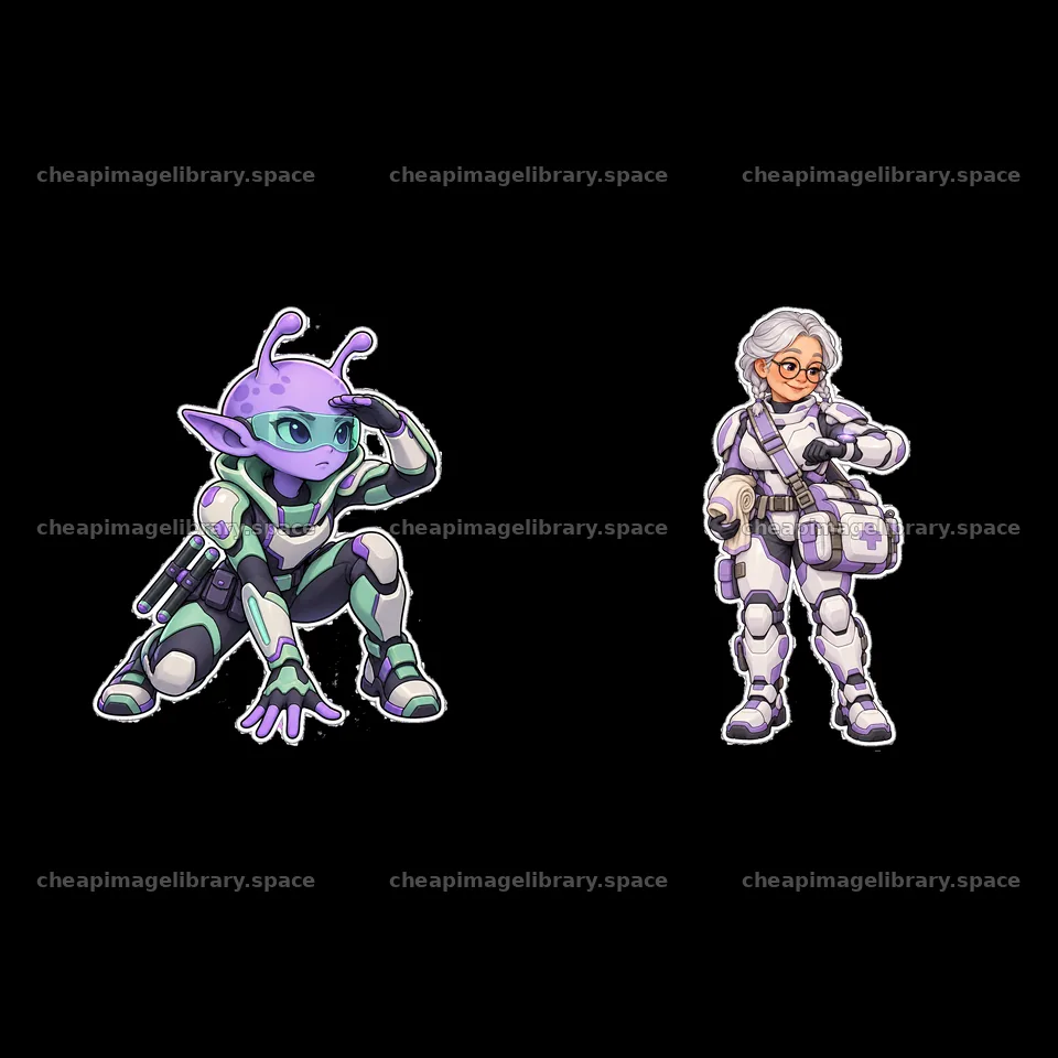 Kawaii duo: young alien and elderly medic super-soldiers – image library 7746x7746