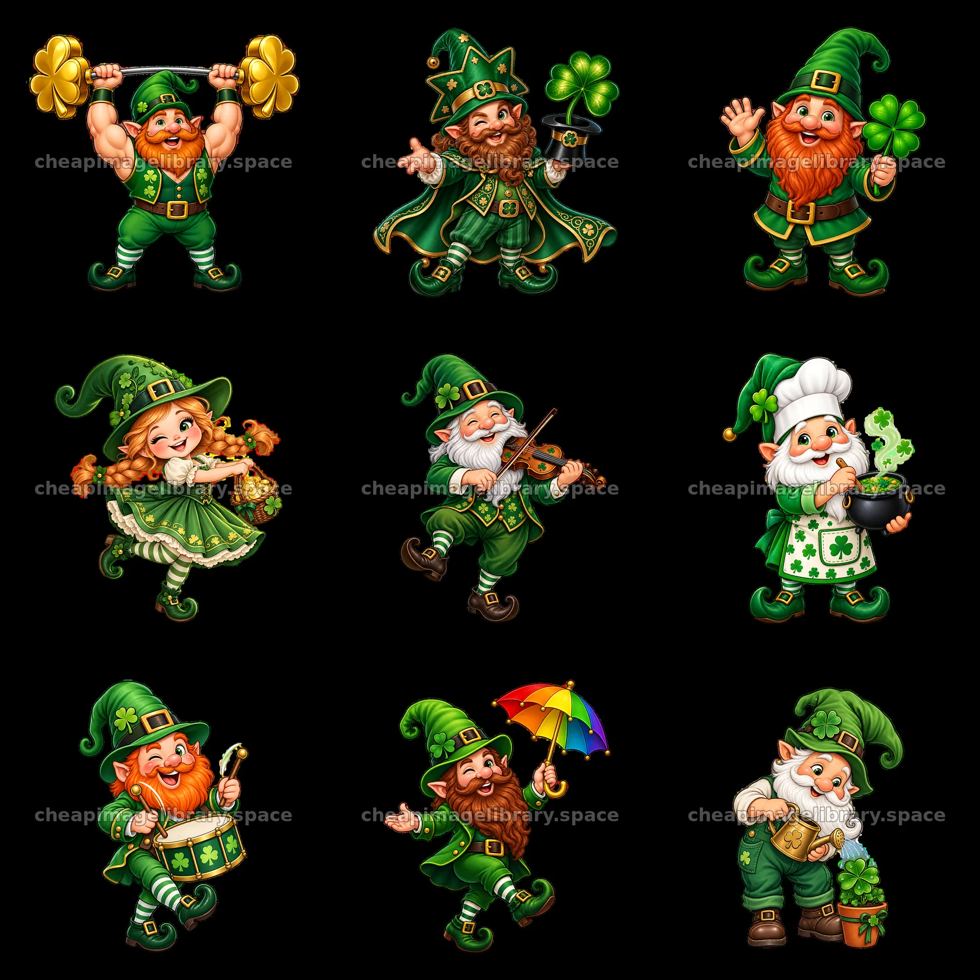 St. Patrick's Day gnomes in a festive 3x3 arrangement – image library 7746x7746