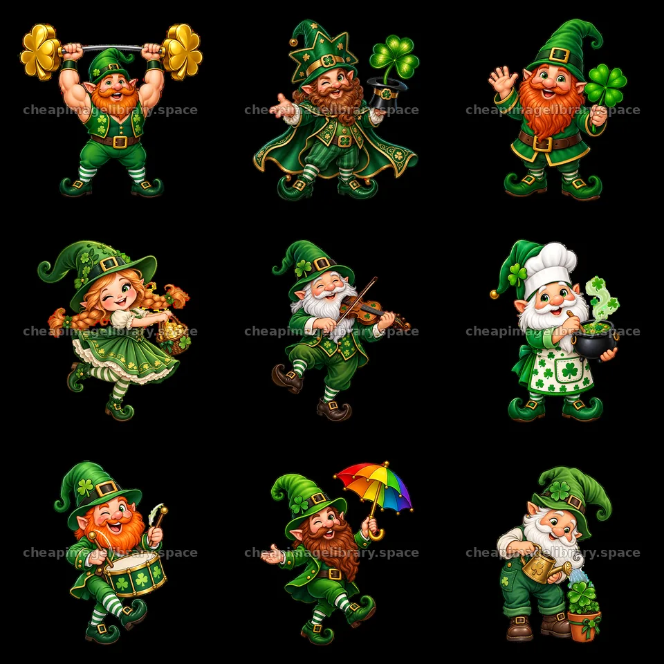 St. Patrick's Day gnomes in a festive 3x3 arrangement – image library 7746x7746