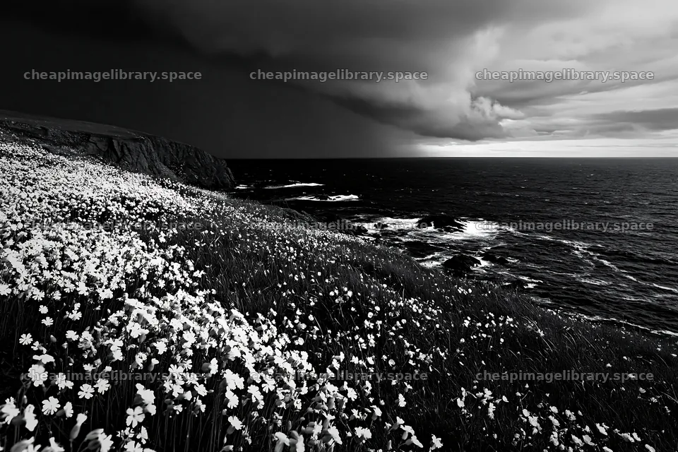 Clifftop meadow overlooking the ocean with dark clouds – image library 9722x6480