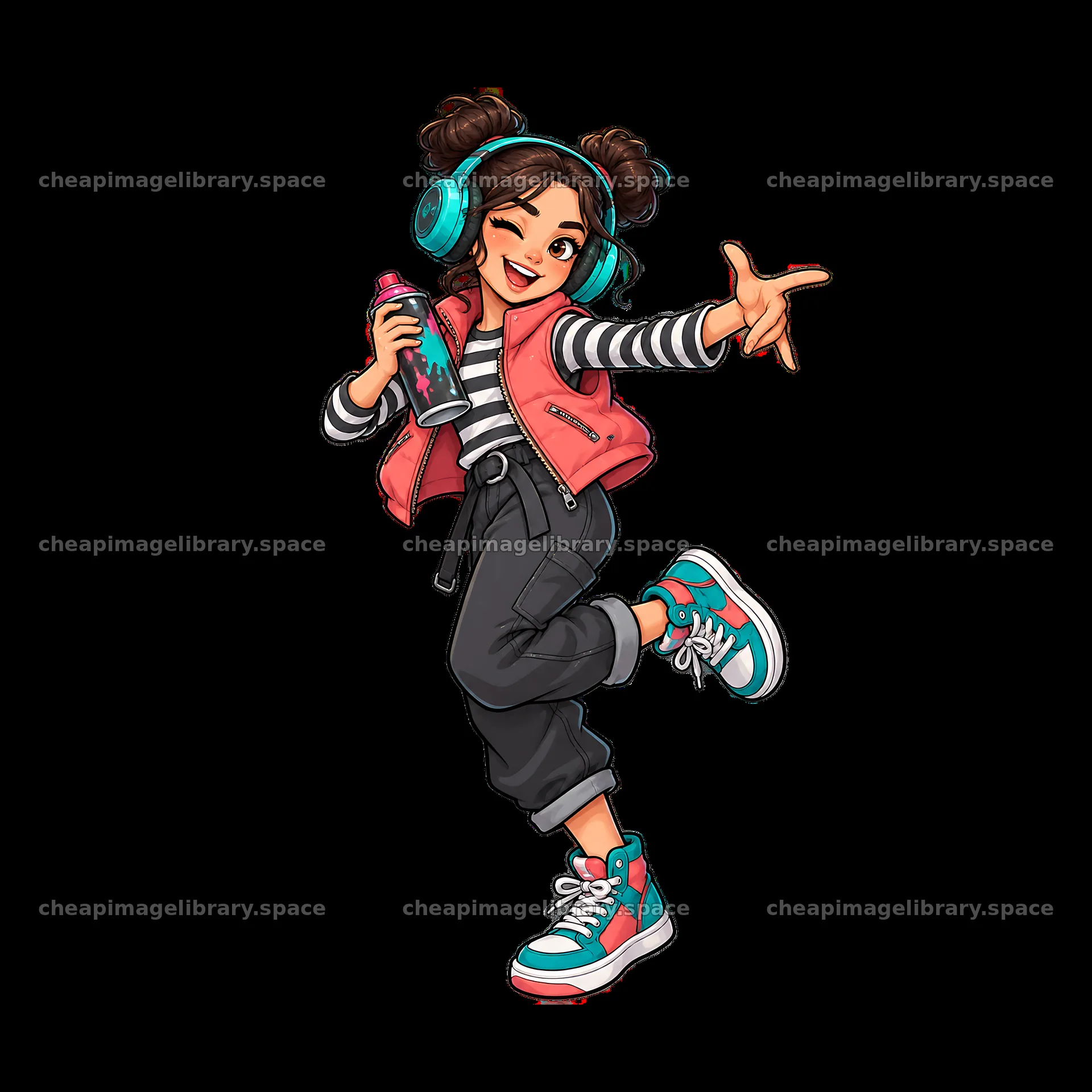 Cool girl graffiti sprayer with headphones shows her style – image library 7746x7746