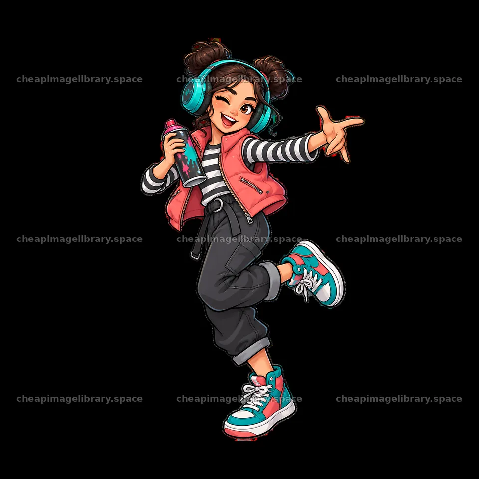 Cool girl graffiti sprayer with headphones shows her style – image library 7746x7746