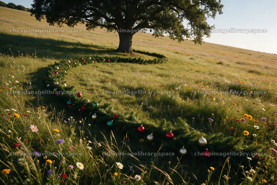 Vibrant Christmas garland in meadow grass under tree – image library 9722x6480