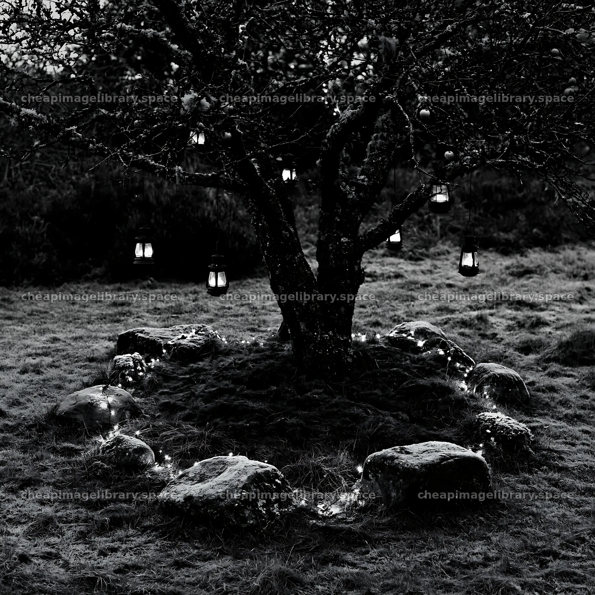 Christmas apple tree with lanterns and frosted stones in meadow – image library 7938x7938