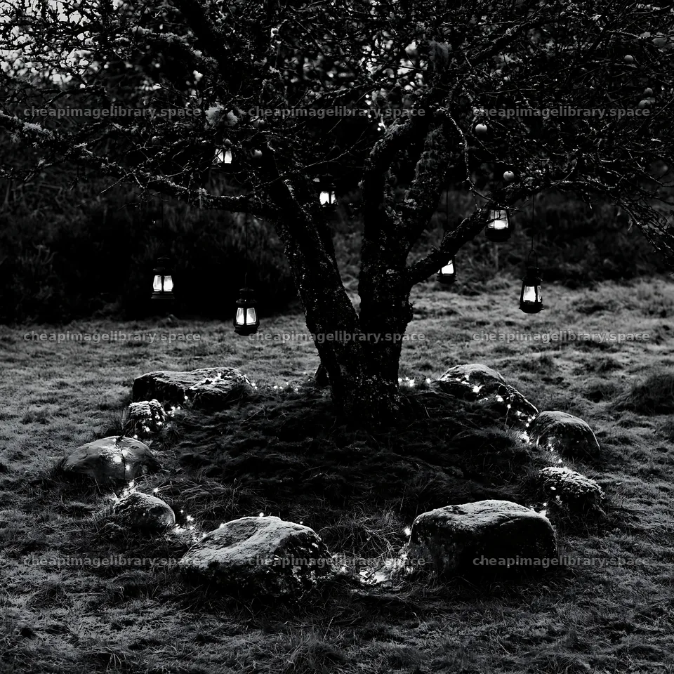 Christmas apple tree with lanterns and frosted stones in meadow – image library 7938x7938