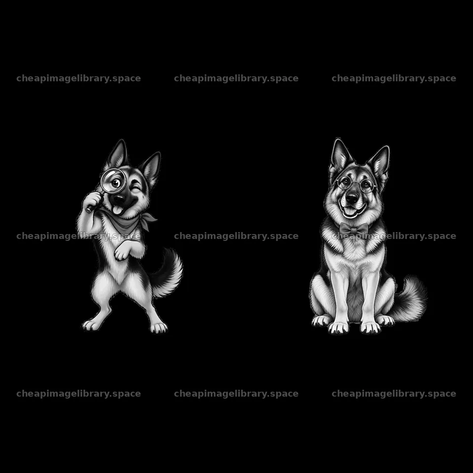 Cartoon stickers of two German Shepherd dogs in black and white – image library 7746x7746