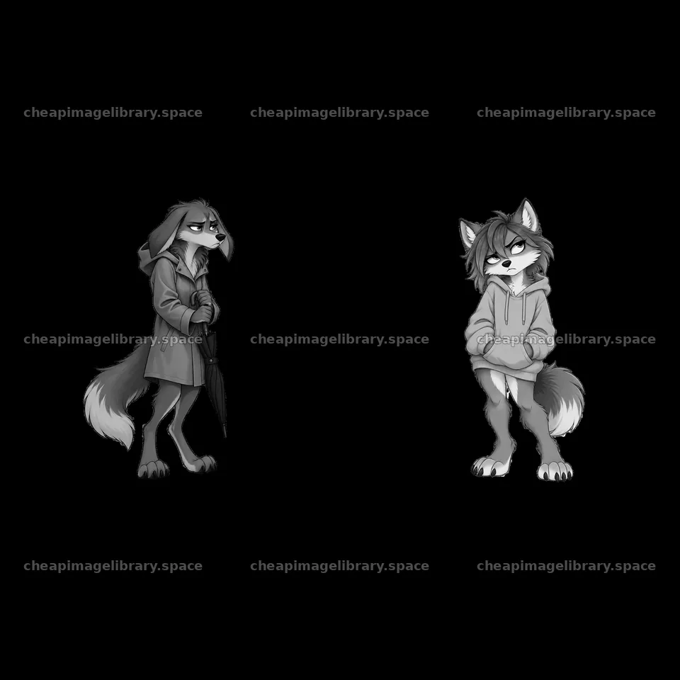 Grumpy wolf characters with umbrella and hoodie in monochrome – image library 7746x7746