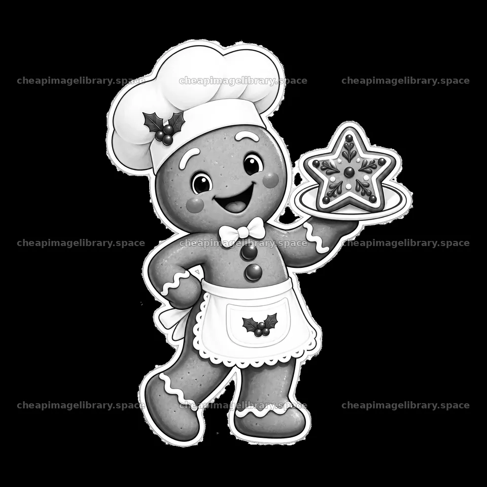 Gingerbread cookie mascot holding star-shaped cookie on tray – image library 7746x7746