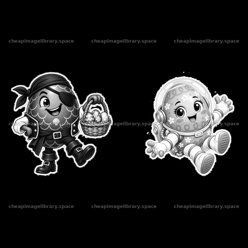 Pirate egg with basket and astronaut egg in a playful scene – image library 7746x7746