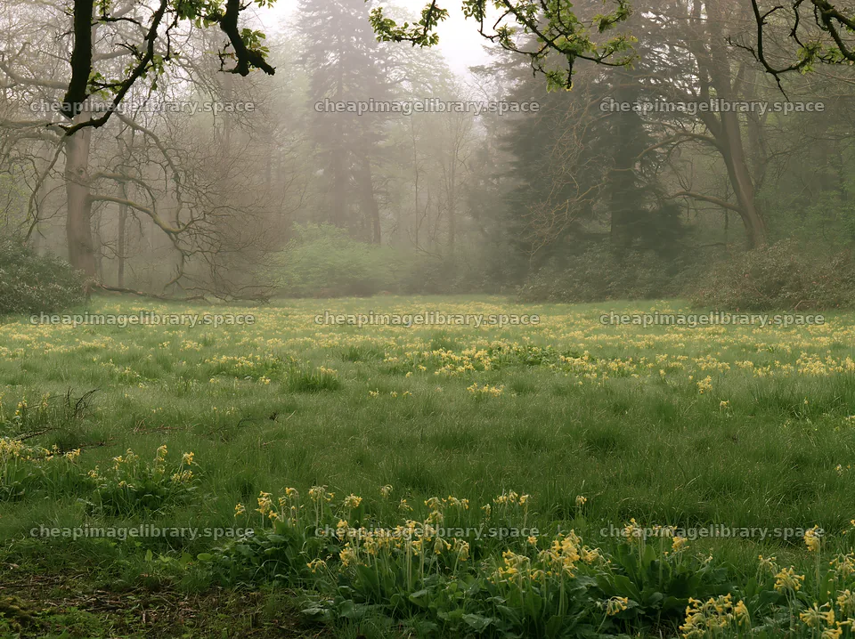 Misty forest meadow with yellow flowers and green grass – image library 9174x6866