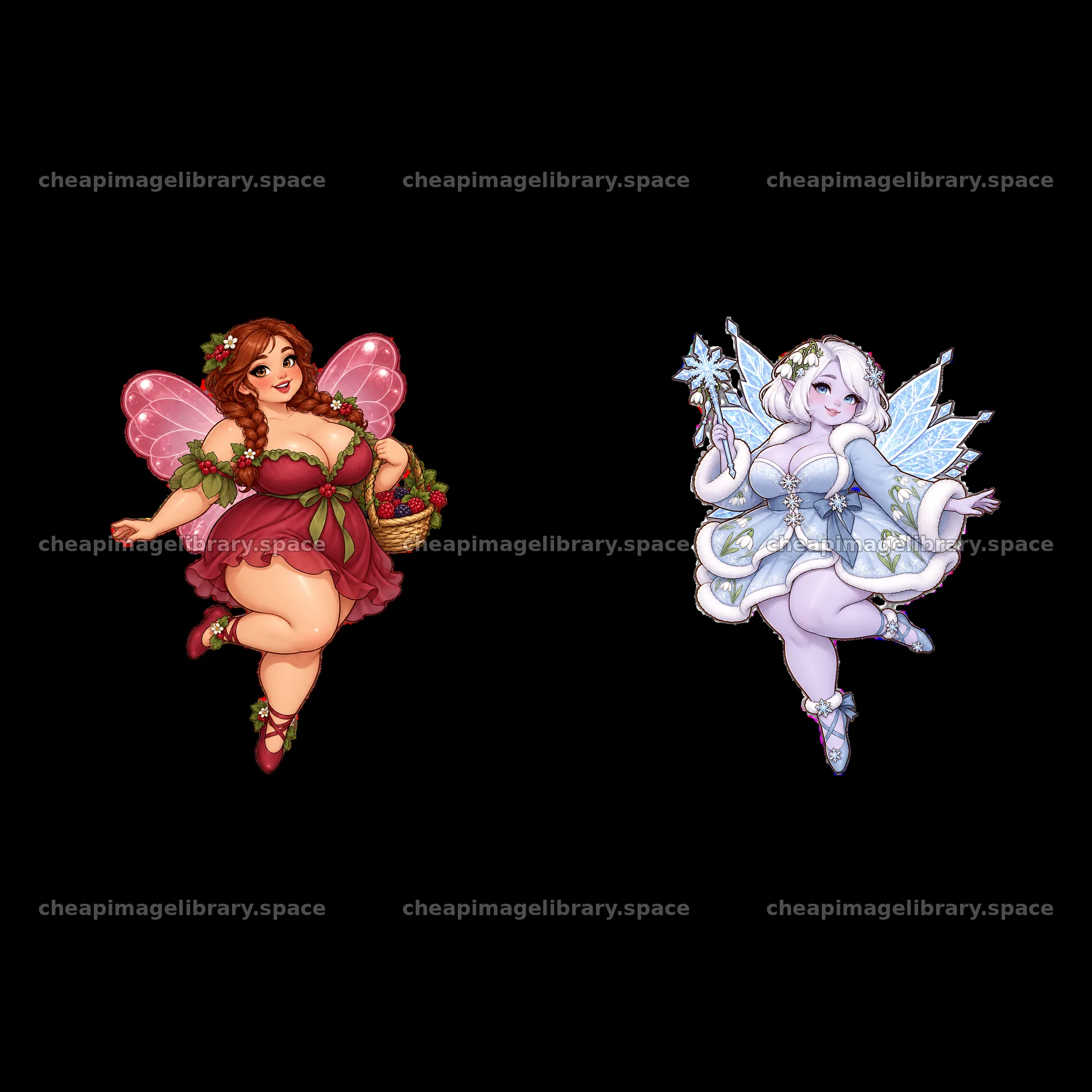 Kawaii ultra-fat fairies in pink and blue outfits with accessories – image library 7746x7746
