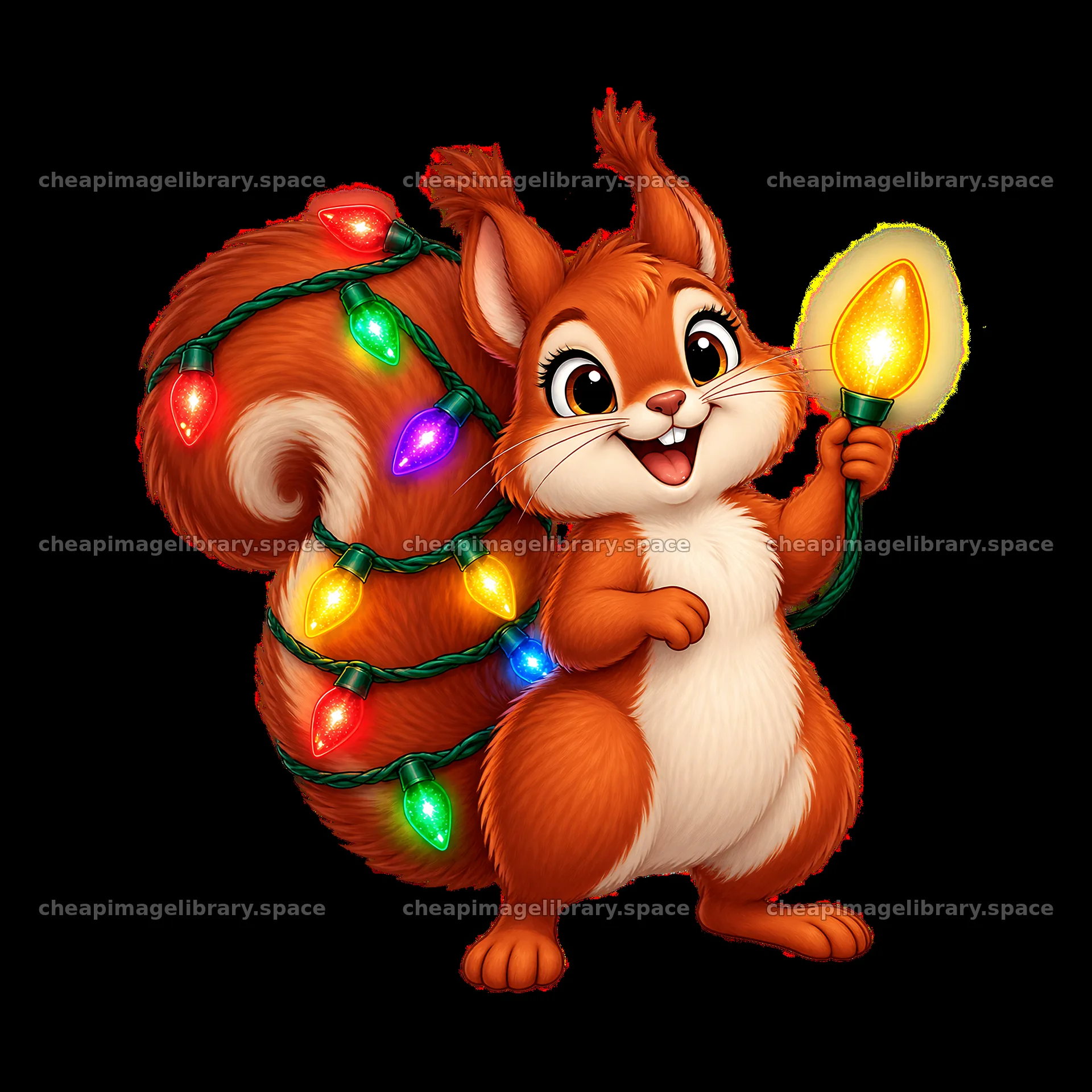 Squirrel holding a string light with colorful bulbs – image library 7746x7746