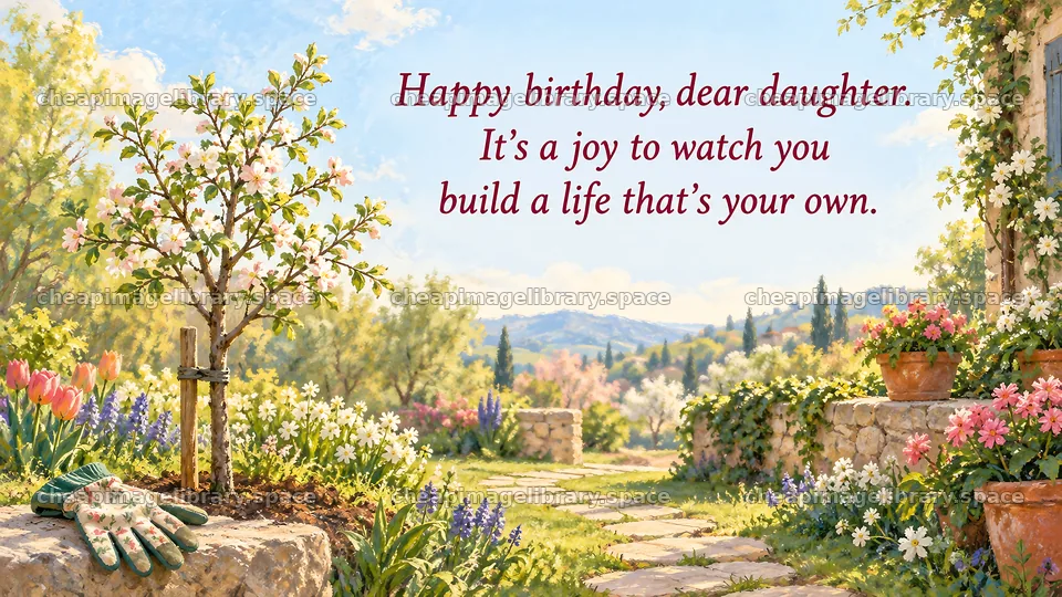 Birthday greeting for a daughter in a garden – image library 10324x5812