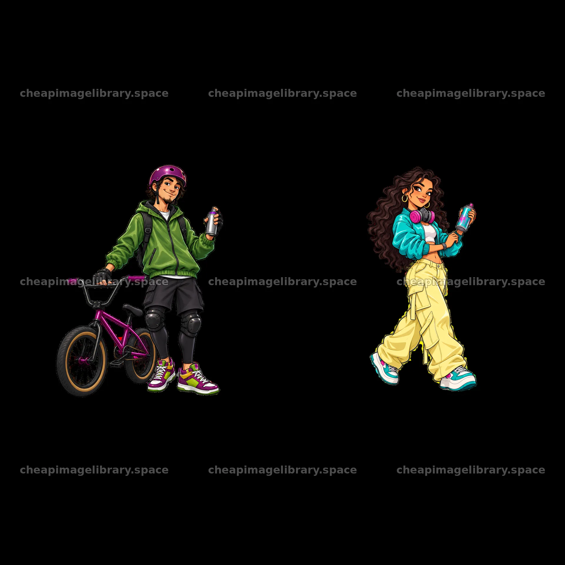 Cool graffiti sprayer with bike and girl holding spray can – image library 7746x7746