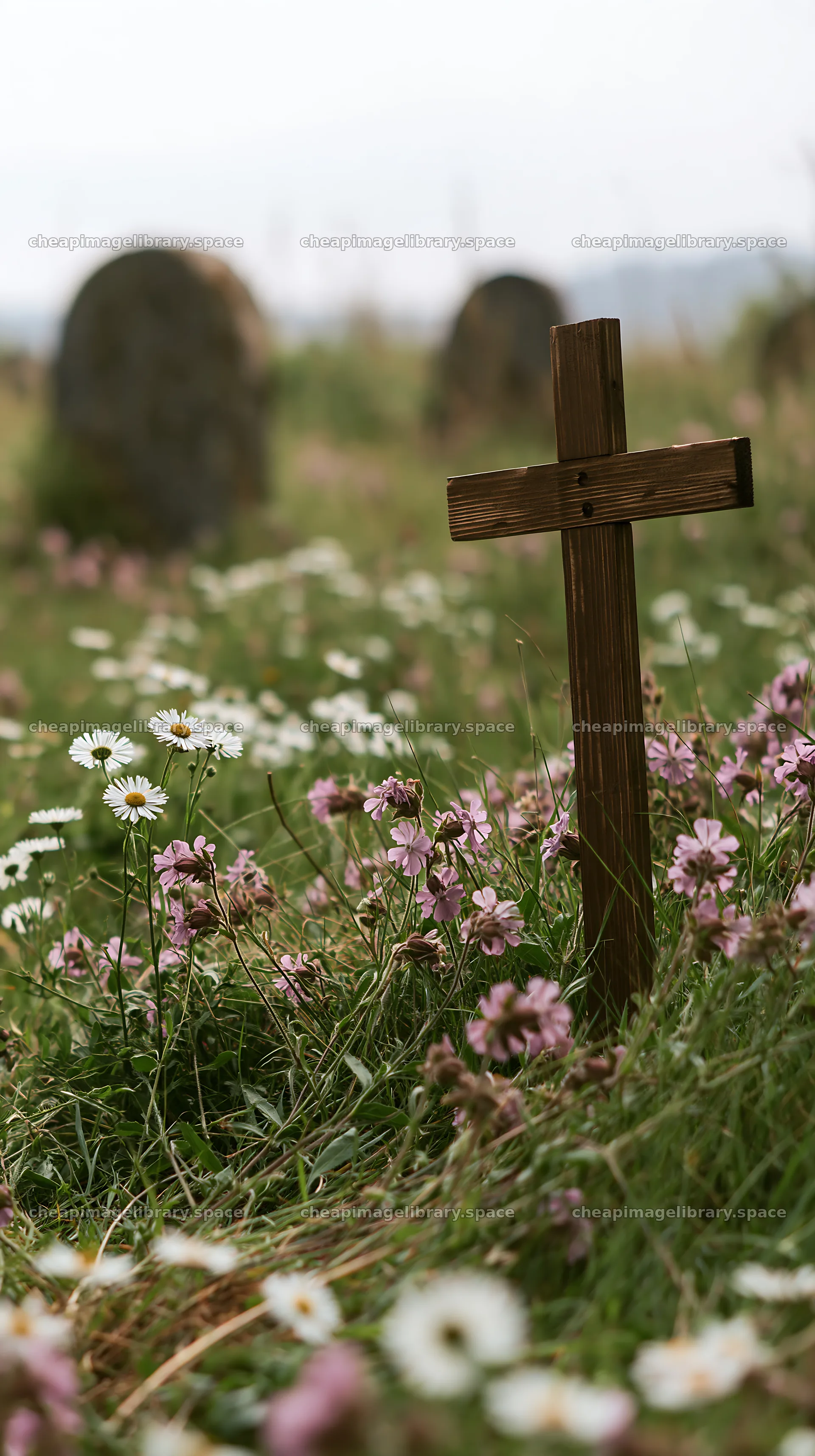 Wooden Christian cross in meadow with flowers during Christmas – image library 5938x10608