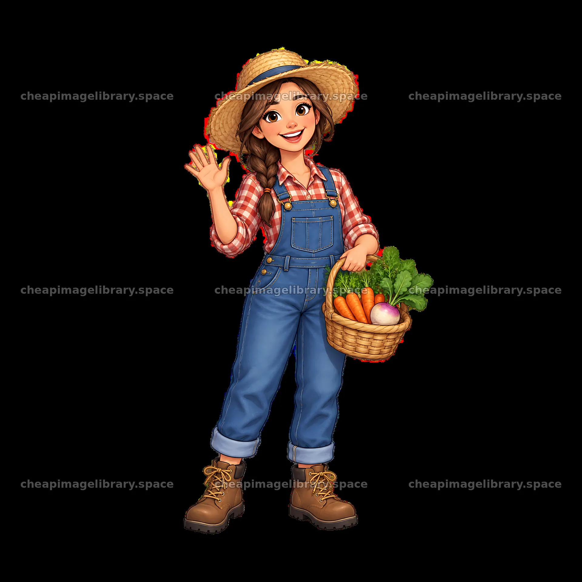 Girl farmer waving with basket of fresh vegetables – image library 7746x7746