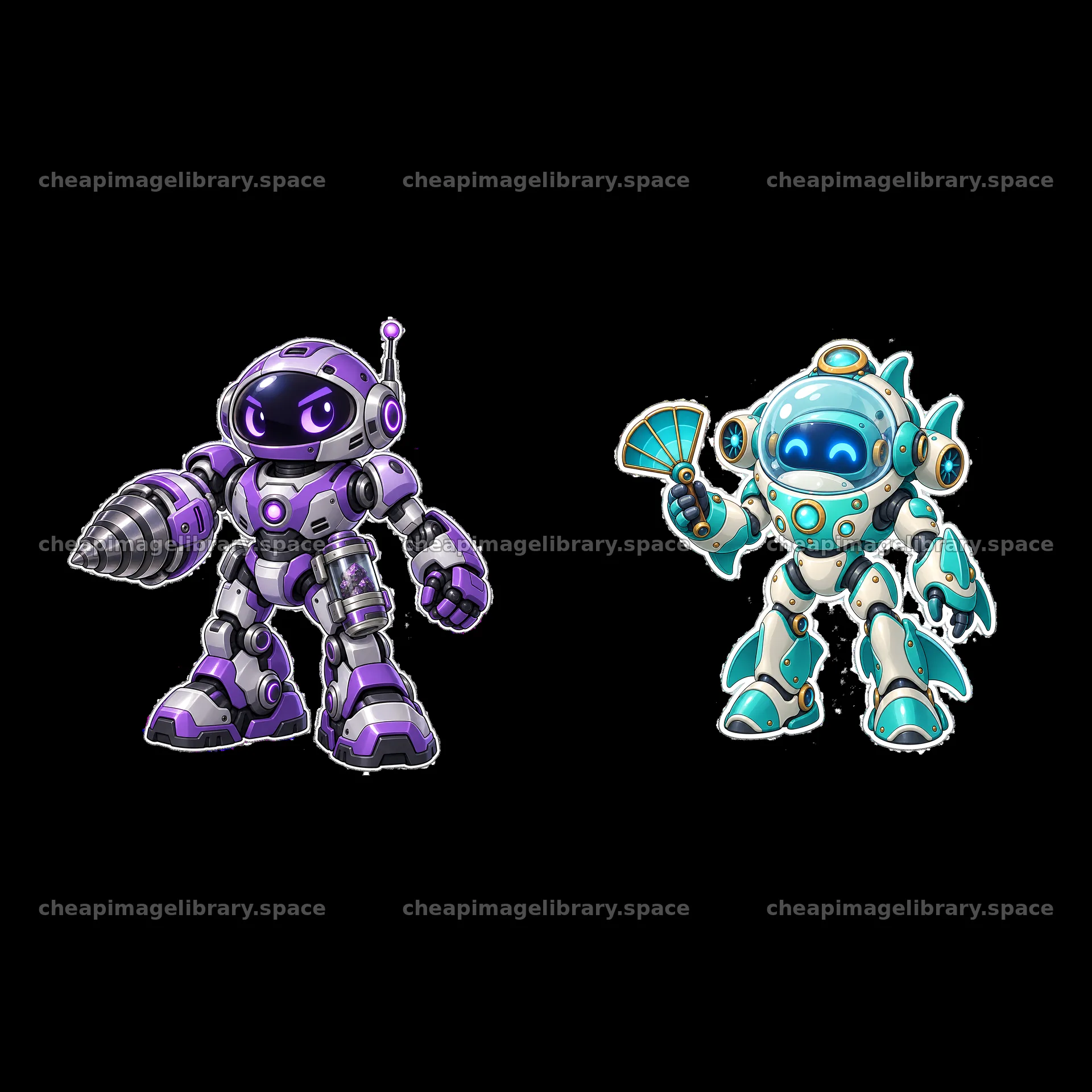 Cartoon mech robots in action with drill and fan – image library 7746x7746