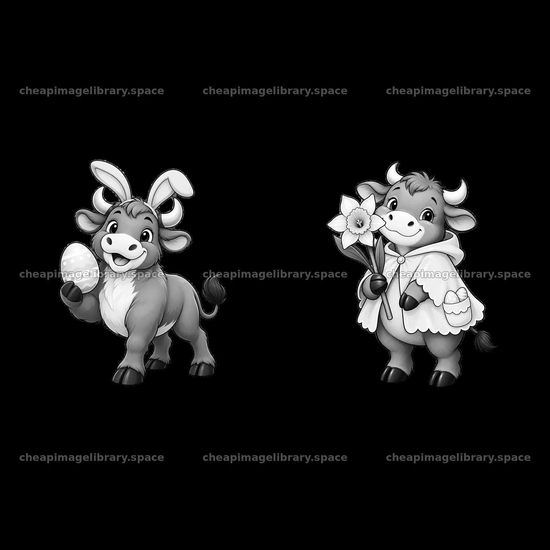 Easter ox characters with egg and flowers in black-and-white style – image library 7746x7746