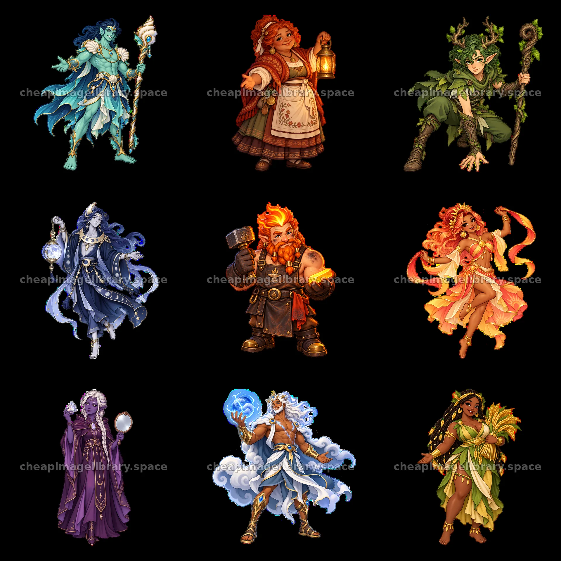 Pagan gods in a 3x3 grid with distinct actions and accessories – image library 7746x7746