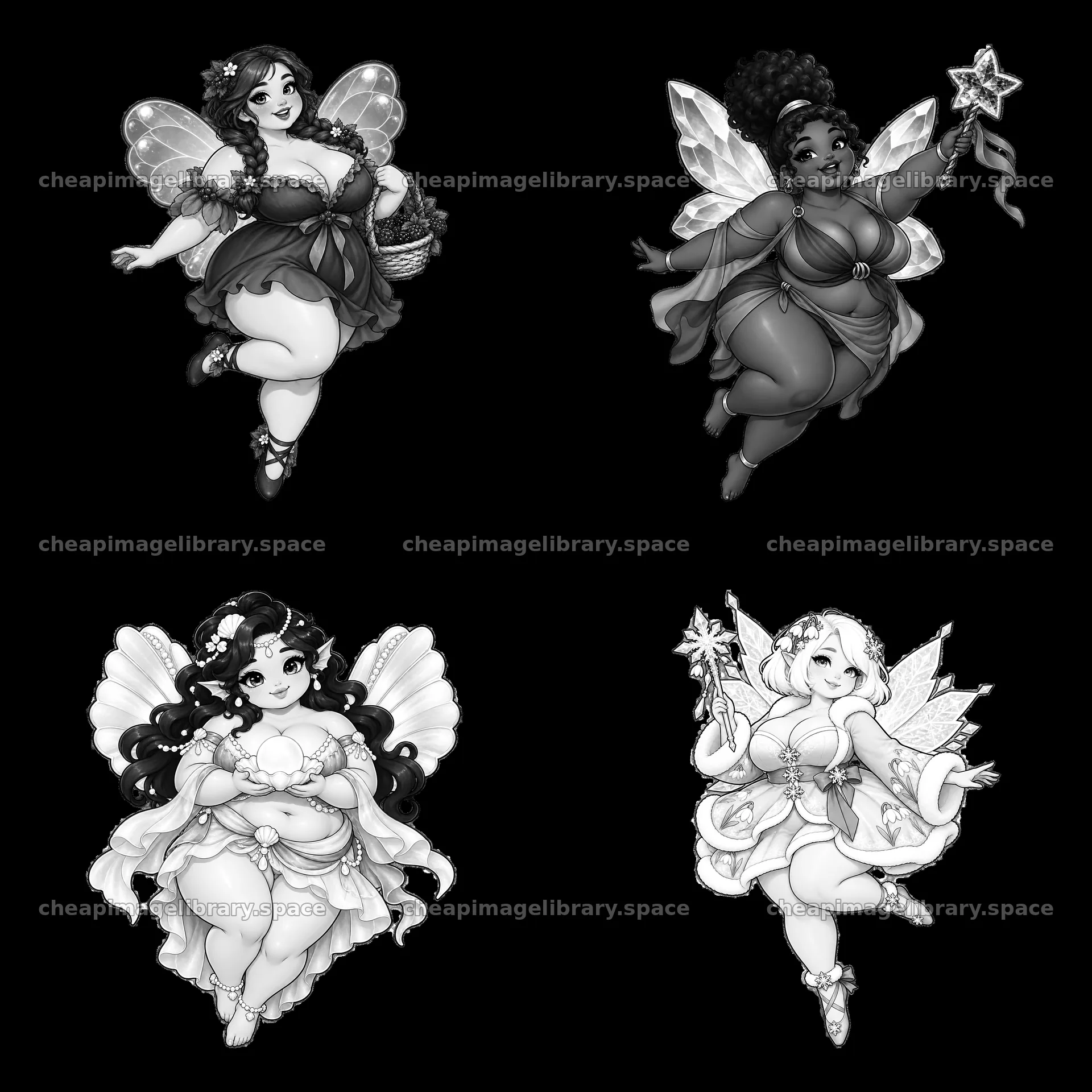Kawaii ultra-fat fairy stickers in black and white arrangement – image library 7746x7746
