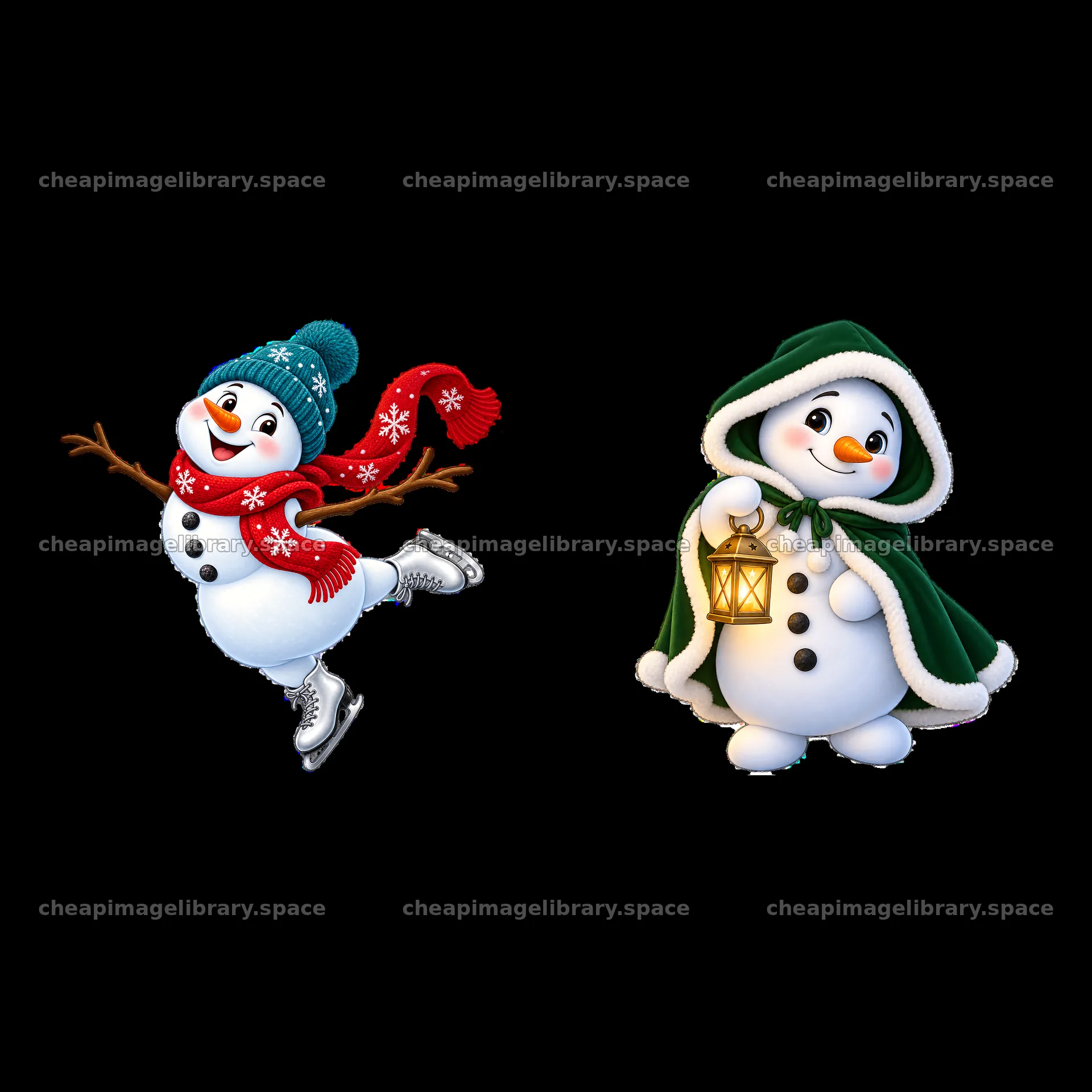 Cheerful snowman skating and another holding a lantern – image library 7746x7746