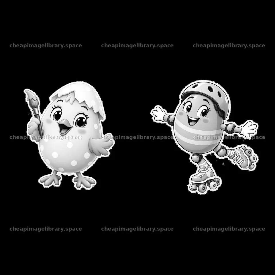 Easter egg chick with paintbrush and skater egg character – image library 7746x7746
