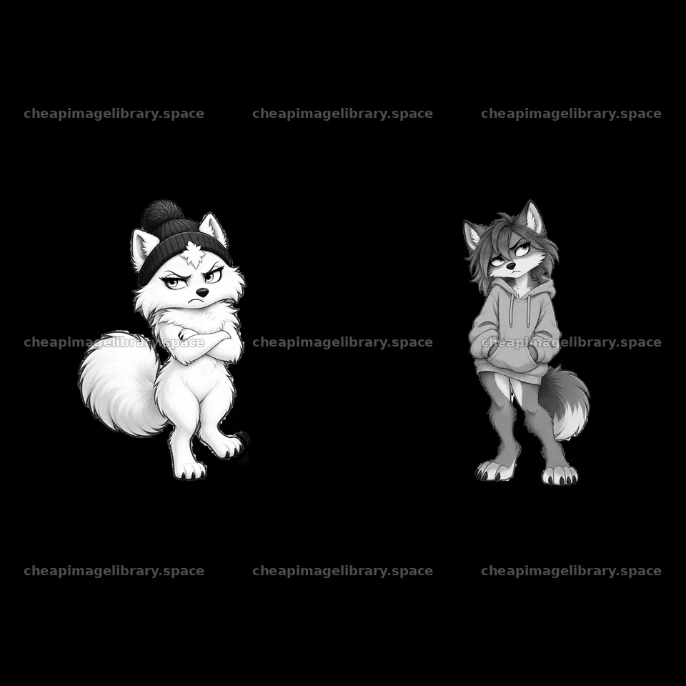 Grumpy wolf characters wearing hoodies and beanies – image library 7746x7746