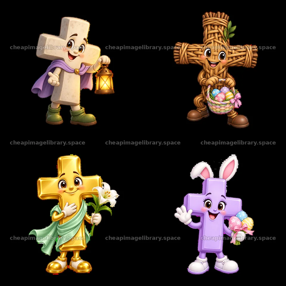 Easter-themed cartoon crosses with characters and decorations – image library 7746x7746