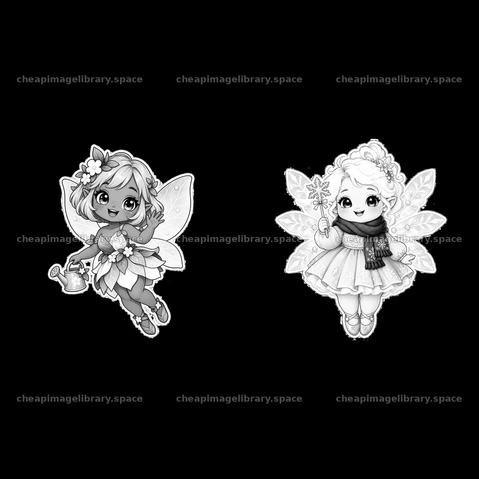 Kawaii chubby fairy watering plants and holding flowers – image library 7746x7746