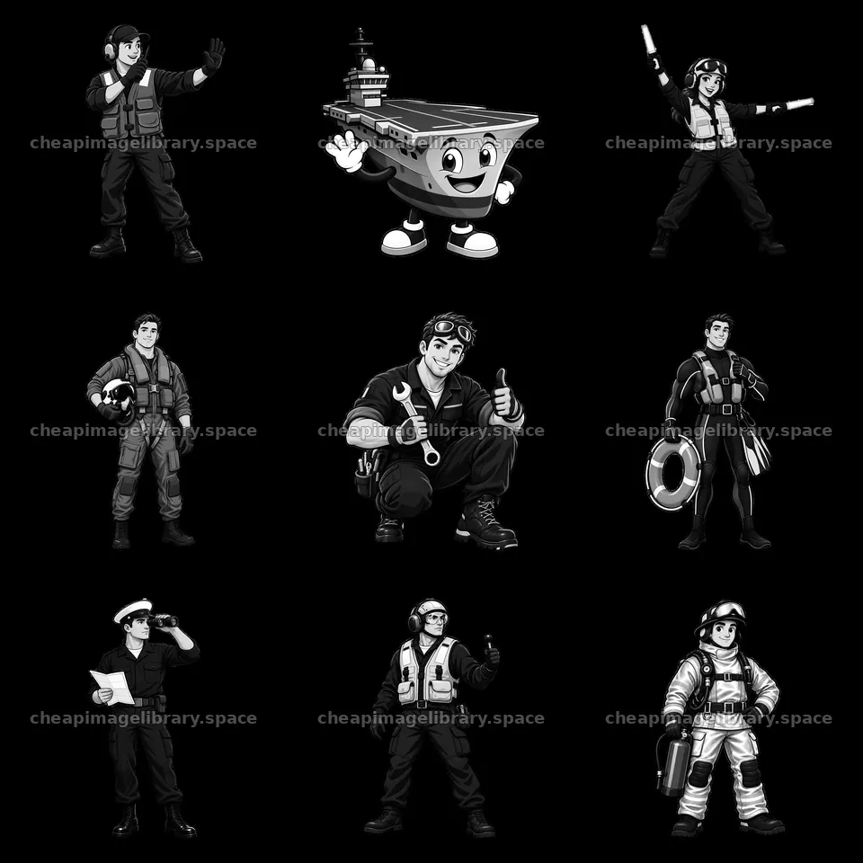 Cartoon characters and aircraft carrier crew in black and white grid – image library 7746x7746
