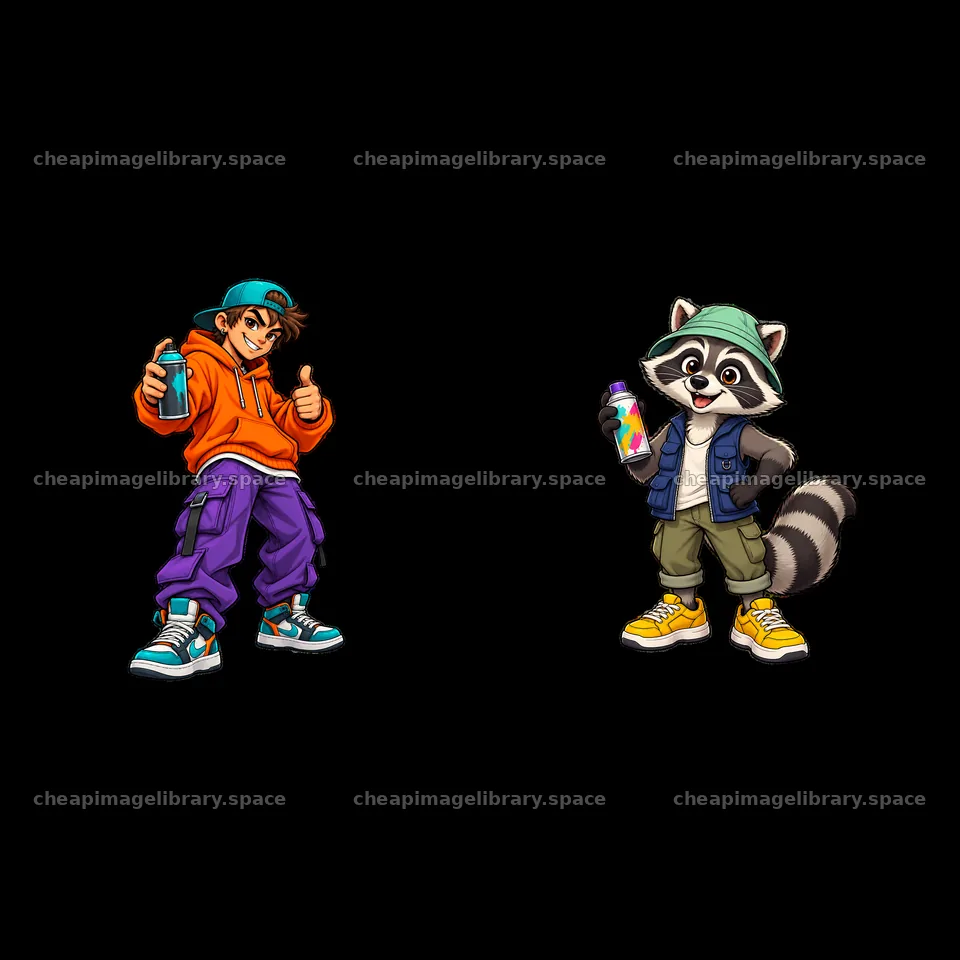 Cool graffiti sprayer and raccoon cartoon sticker duo – image library 7746x7746