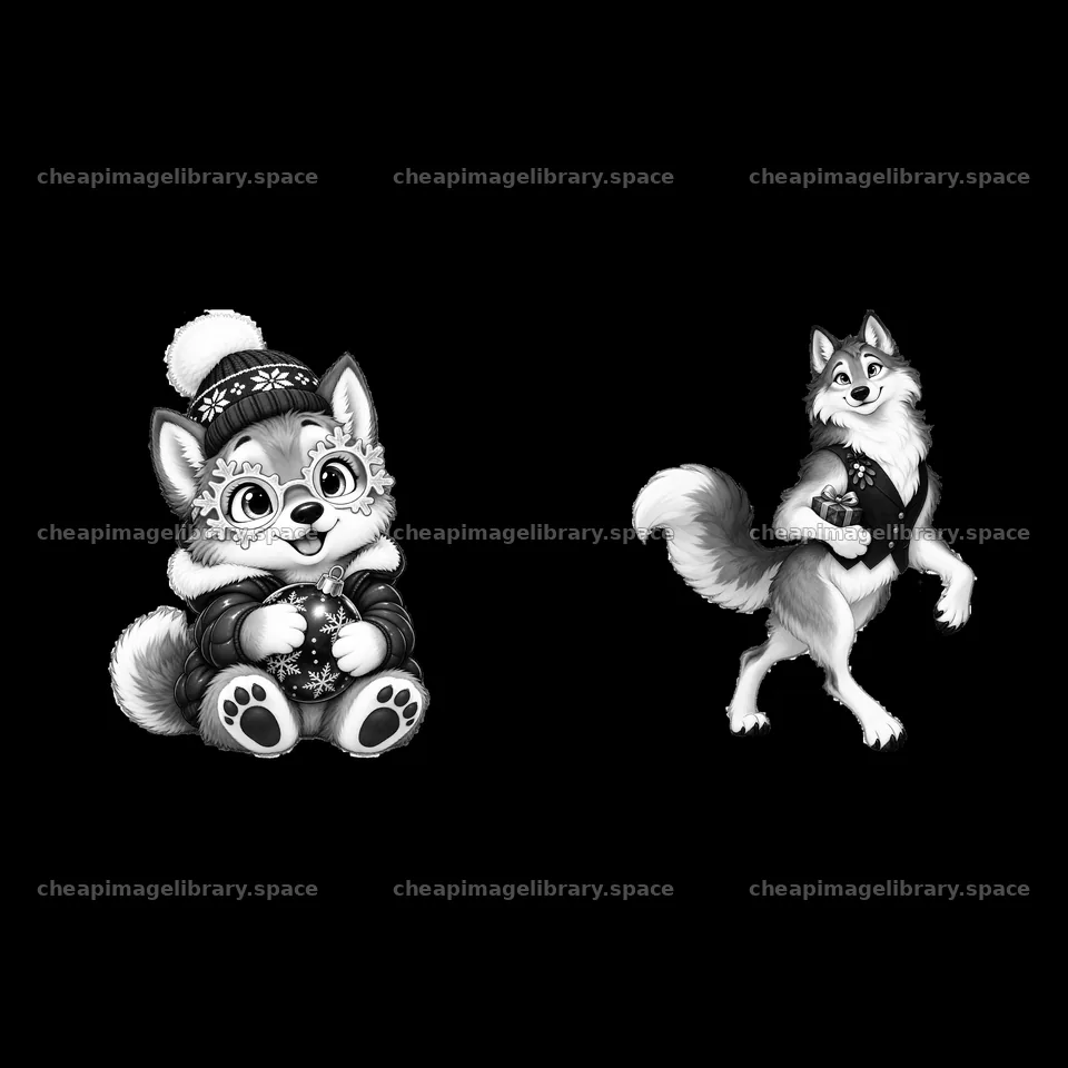 Christmas wolf characters in festive poses and outfits – image library 7746x7746