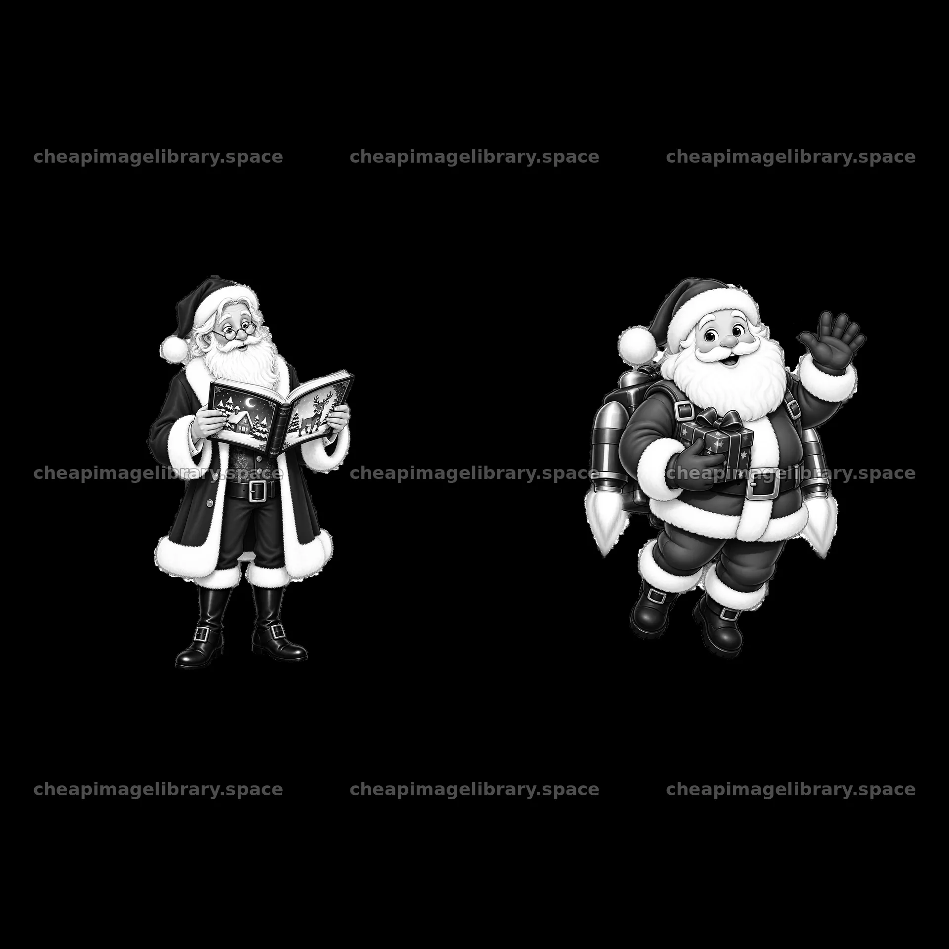 Santa Claus reading and waving in black and white cartoon sticker – image library 7746x7746