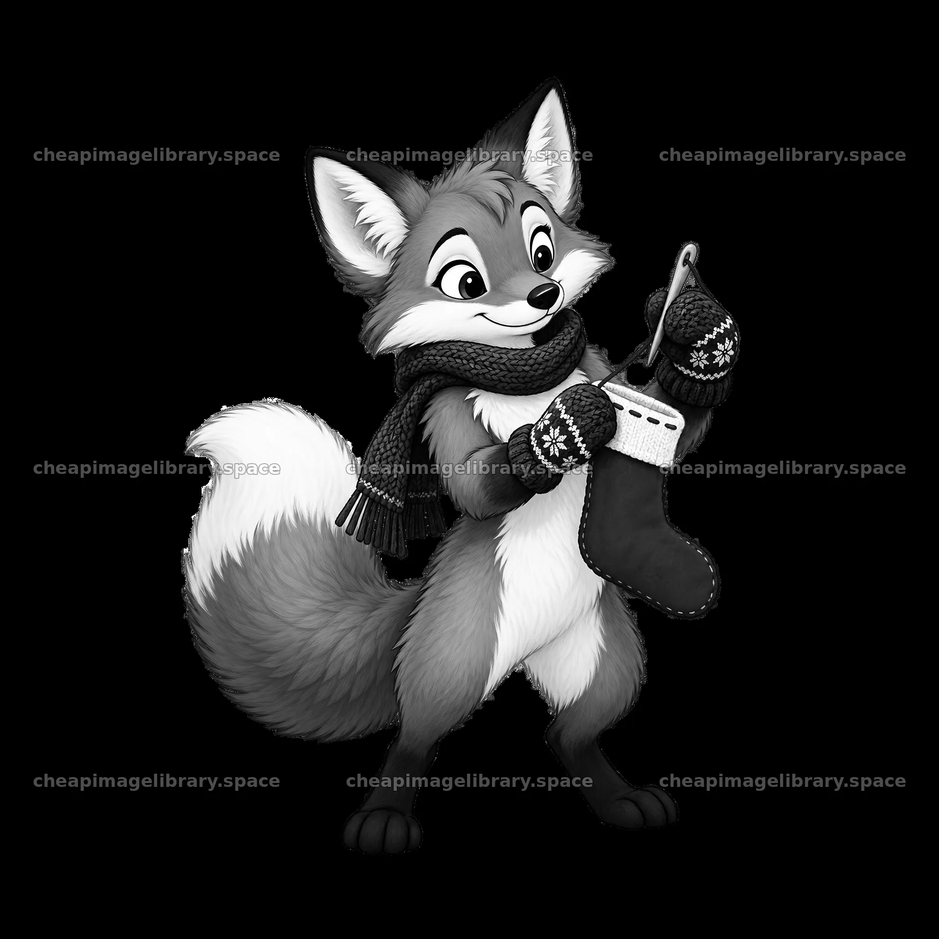 Fox wearing a scarf holding a Christmas stocking by the fireplace – image library 7746x7746