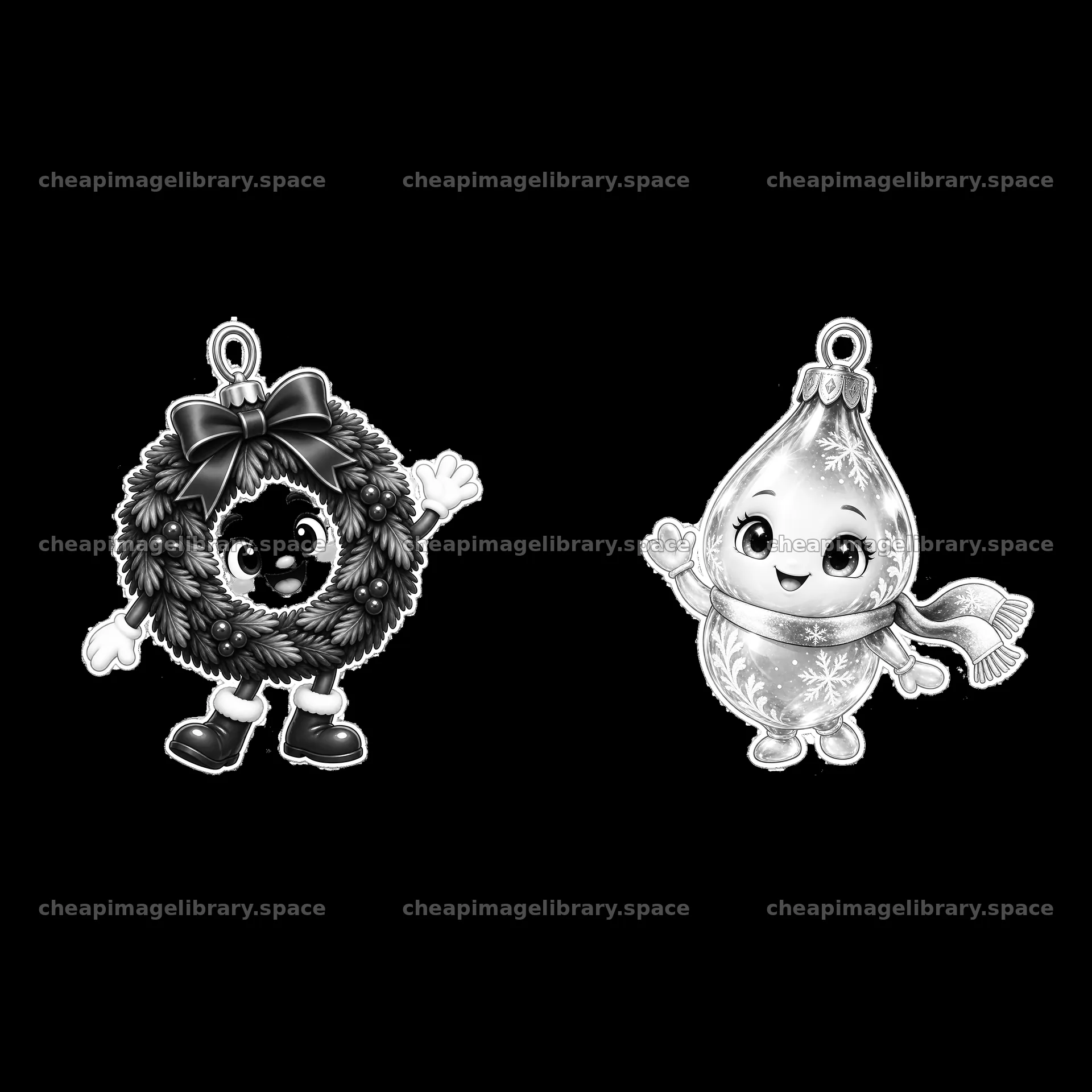 Cartoon Christmas ornaments with a wreath and a bauble character – image library 7746x7746