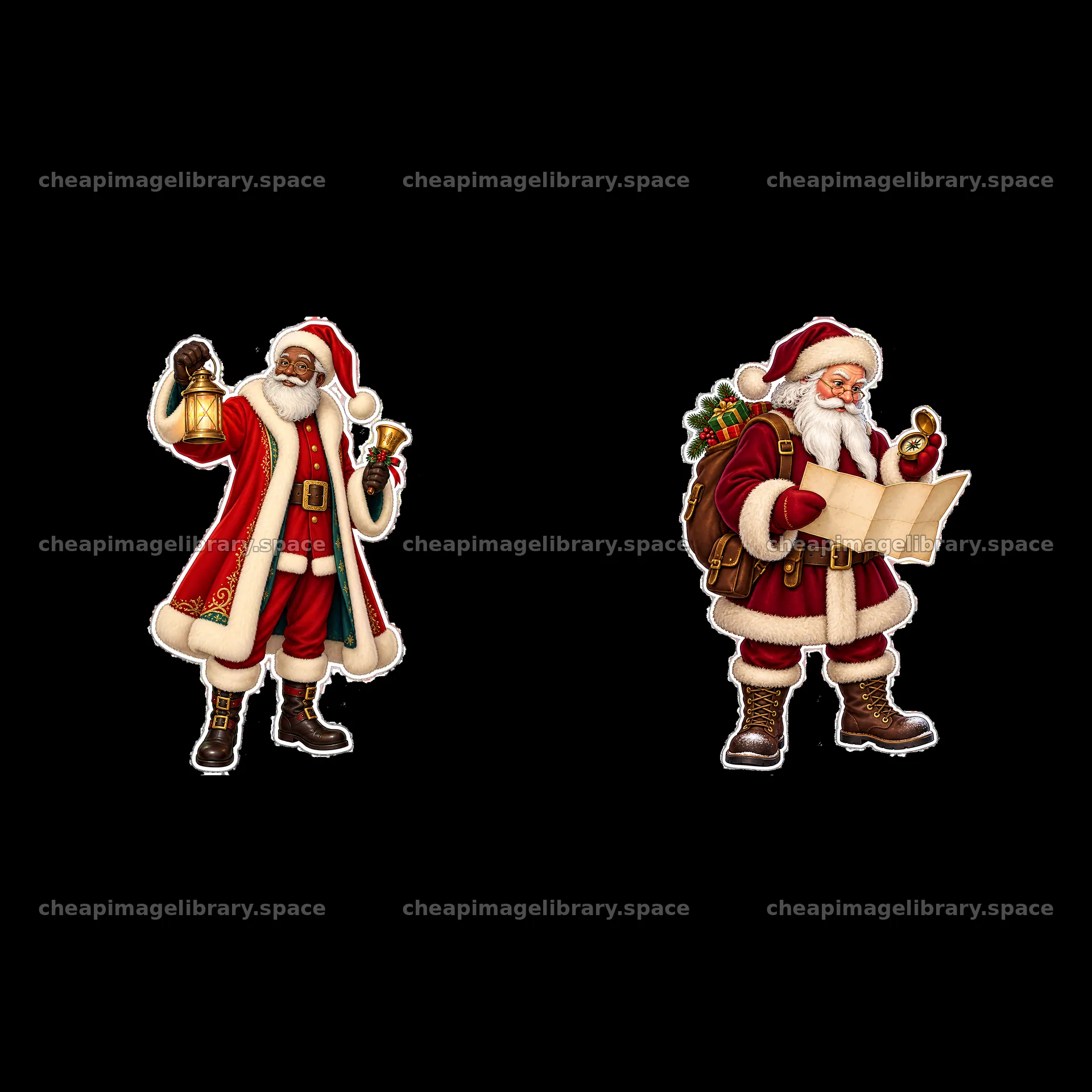 Santa Claus figures with bell and map in festive attire – image library 7746x7746