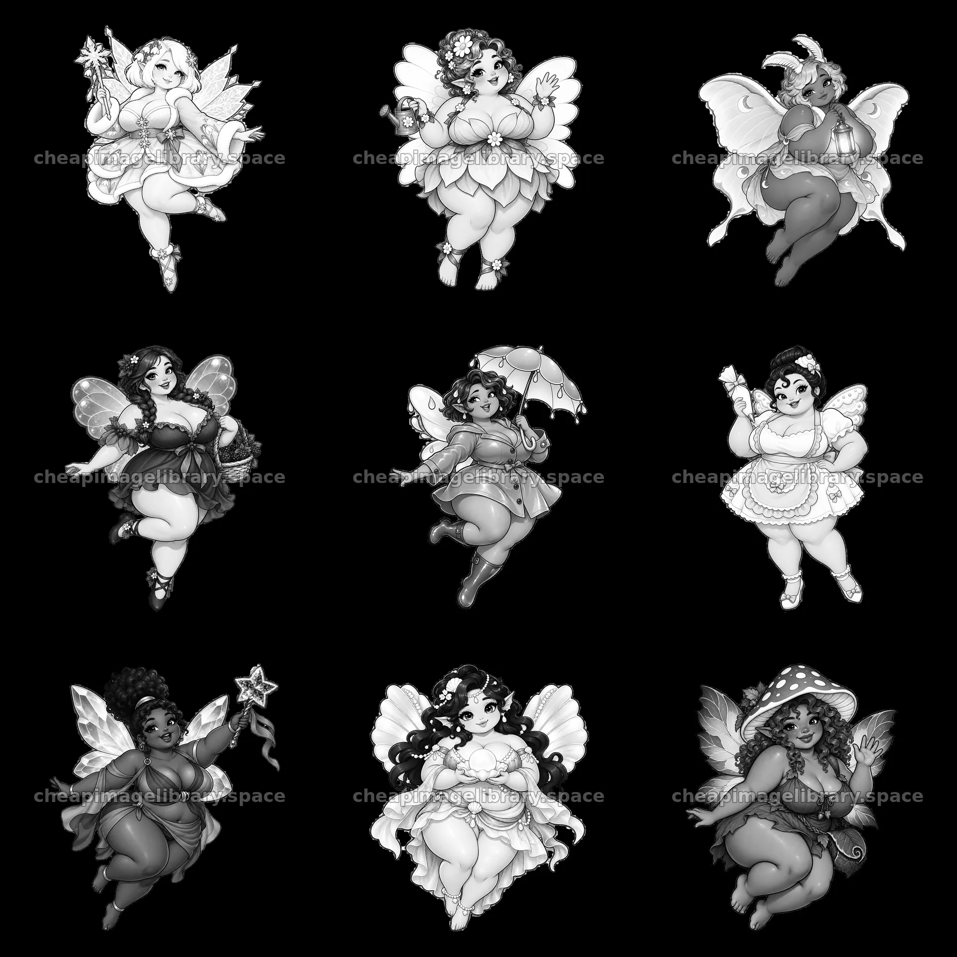 Kawaii ultra-fat fairies in monochrome sticker design – image library 7746x7746