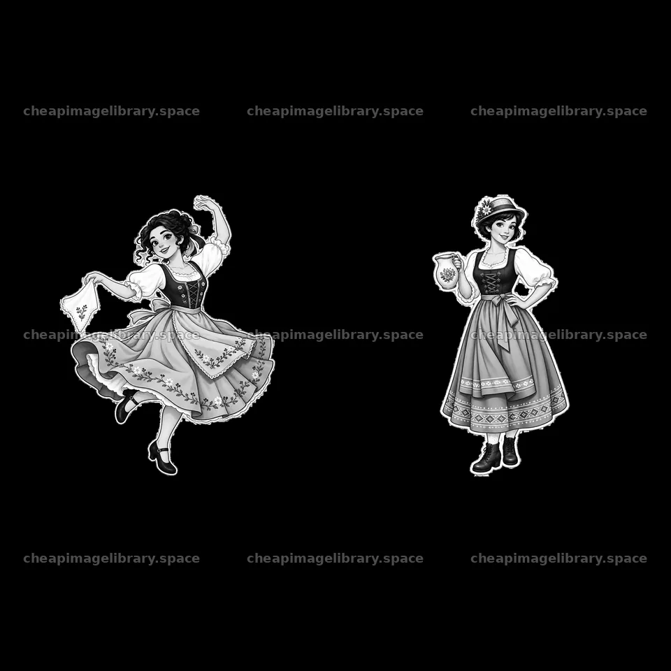 Women in folk dress performing with accessories in a pair layout – image library 7746x7746