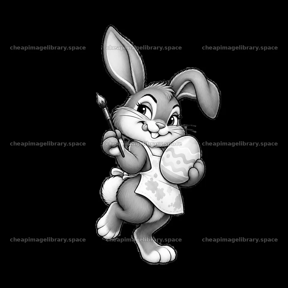 Easter bunny painting an egg in monochrome cartoon style – image library 7746x7746