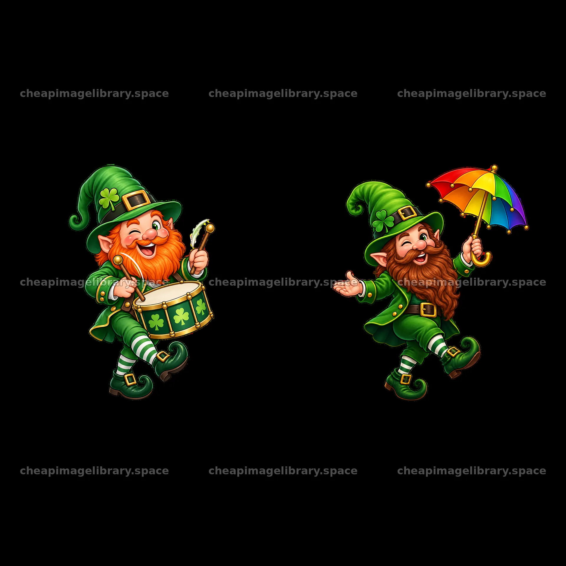St. Patrick's Day gnomes playing drums and holding umbrellas – image library 7746x7746