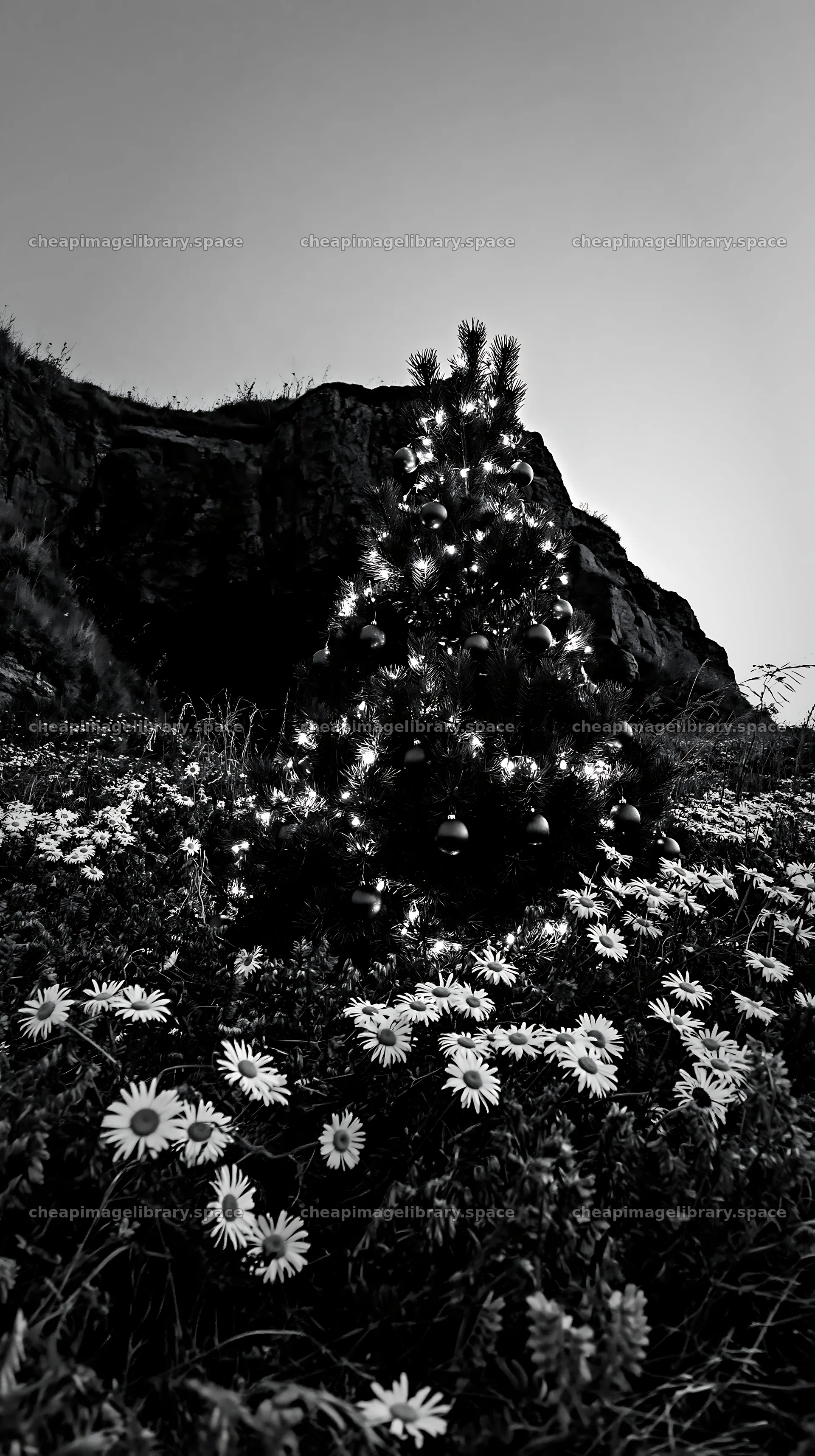 Christmas tree with ornaments in meadow by cave – image library 5938x10608