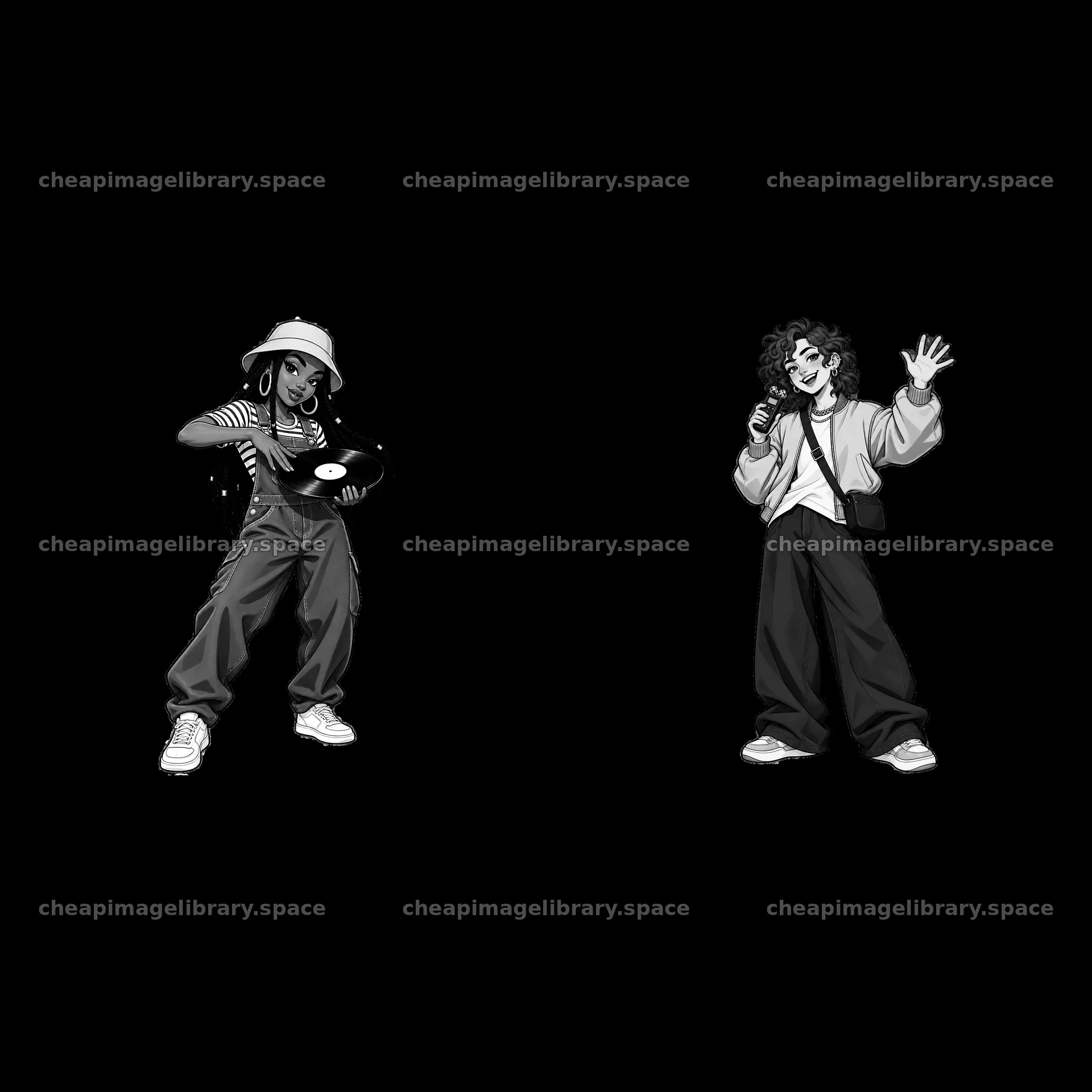 Hip-hop artists with vinyl record and microphone in monochrome – image library 7746x7746